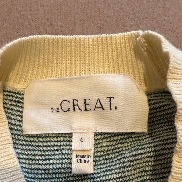 THE GREAT. Striped Knit Sweater in Cream and Green - Picture 2 of 5